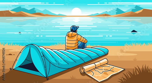 Serene Lakeside Camping Adventure With A View Of The Distant Mountains