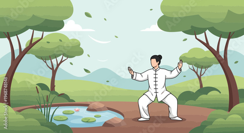 Serene Landscape With A Person Practicing Tai Chi Outdoors