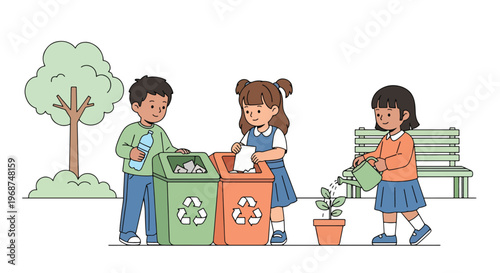 Flat style vector illustration of children learning recycling and environmental care in classroom, sustainability education and eco-friendly awareness concept