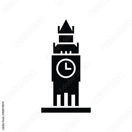 Minimalist black silhouette icon of Big Ben clock tower representing London tourism and British heritage on a white background