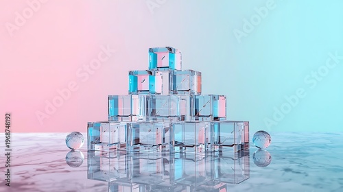 AI Generative Crystal Cube Sculpture Arrangement with Reflective Surfaces and Soft Pastel