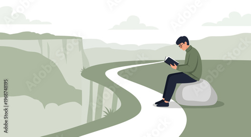 Serene Man Reading Book Amidst Dramatic Mountain Scenery