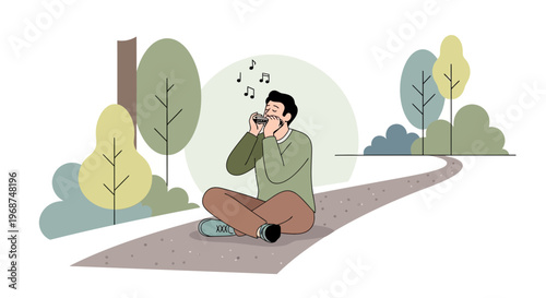 Serene Man Playing Harmonica Amidst Nature's Embrace