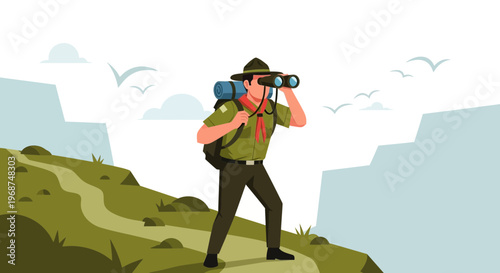 Scout Exploring Vast Outdoors With Binoculars Discovering Distant Horizons
