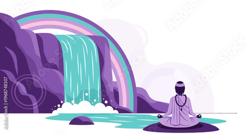 Serene Meditation By Waterfall With Rainbow Arching Over Purple Cliffs