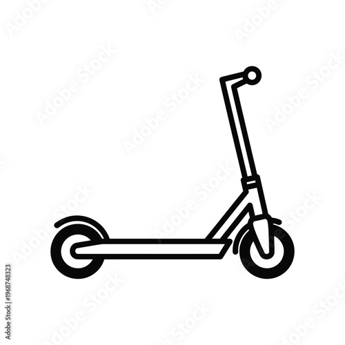 Minimalist black line art icon of a modern kick scooter for urban commuting and eco-friendly city transportation, isolated on a white background.