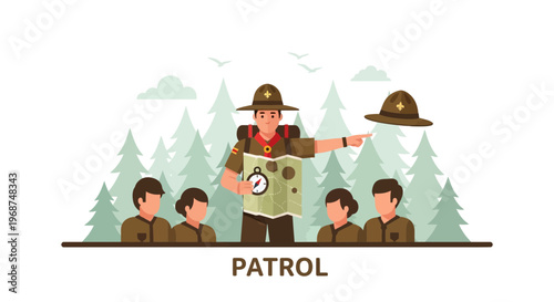 Scout Leader Guides Patrol Through Forest Adventure On Map Showing Compass Direction