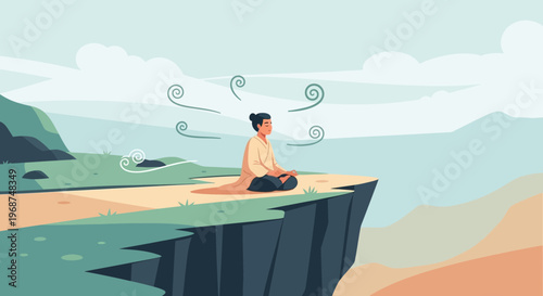Serene Meditation On Cliff Edge Embracing Tranquil Nature Elements