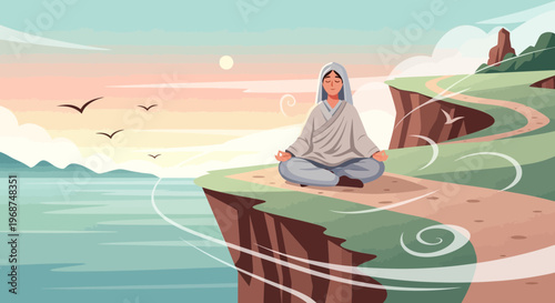 Serene Meditation on Cliff Edge Overlooking Water At Sunset