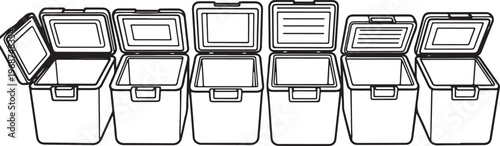 Six sleek black suitcases with retractable handles lined up side by side Vector