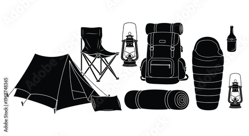 Camping equipment including a tent backpack and chair are displayed in a stark black silhouette high quality professional detailed modern elegant