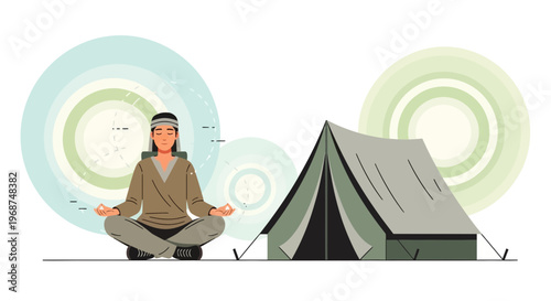Serene Meditation Retreat With Camping Tent And Concentric Circles