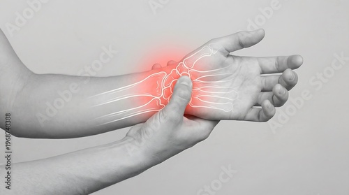 Human wrist pain, an X-ray illustration of carpal bones with red highlighted inflammation. Medical concept of wrist injury, arthritis, or carpal tunnel syndrome.