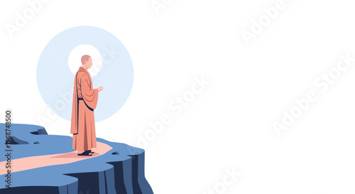 Serene Monk Contemplates Enlightenment On A Cliff Edge Overlooking Vastness