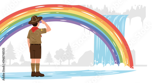 Scout Salutes Rainbow Arc Beside Waterfall Nature Scene Illustration