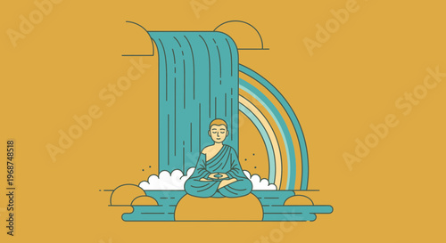 Serene Monk Meditating Beside Flowing Waterfall and Vibrant Rainbow