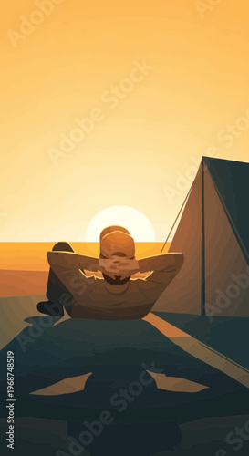 Serene Sunrise Over a Campsite With a Lone Figure Relaxing