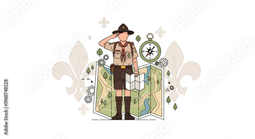 Scout Saluting with Map and Compass Navigational Adventure Theme