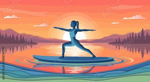 Serene Sunrise Paddleboard Yoga Warrior Pose Outdoor Serenity