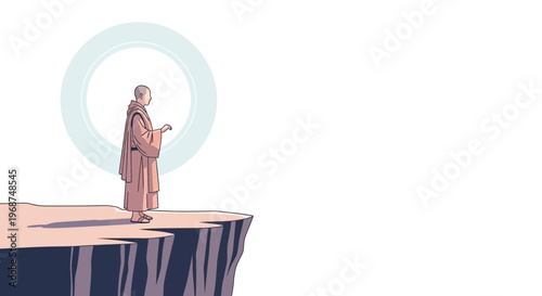 Serene Monk Standing On Cliff Edge With Enlightenment Aura