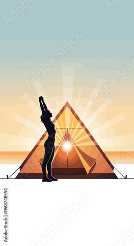 Serene Sunrise Stretch Beside a Geometric Shelter Under a Radiant Sky