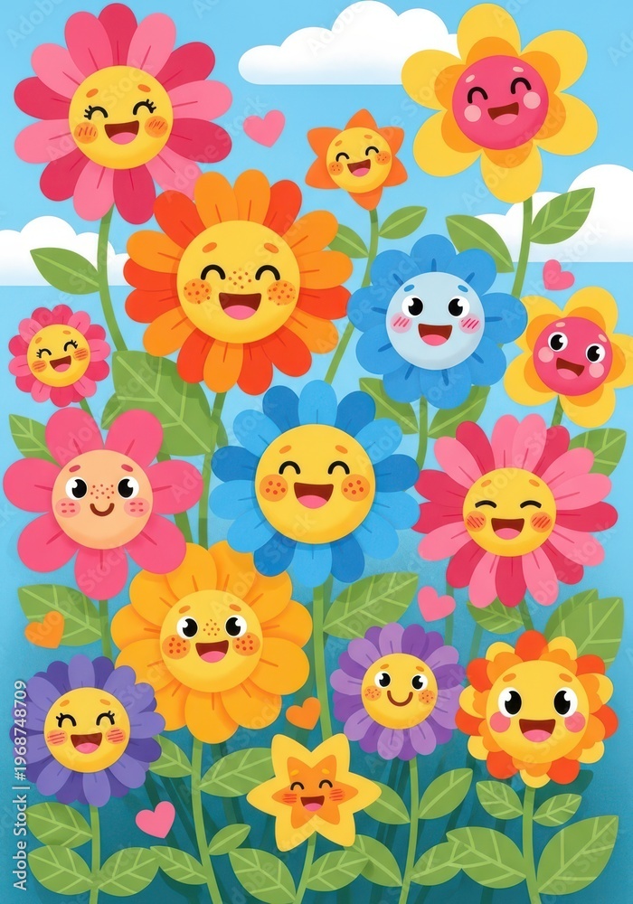 Fototapeta premium A group of cartoon flowers with smiling faces