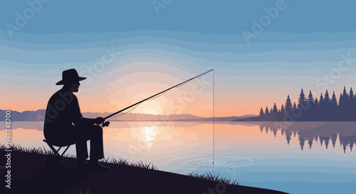 Serene Sunset Fishing Scene Silhouette By Calm Waters