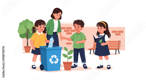 Flat style vector illustration of children learning recycling and environmental care in classroom, sustainability education and eco-friendly awareness concept