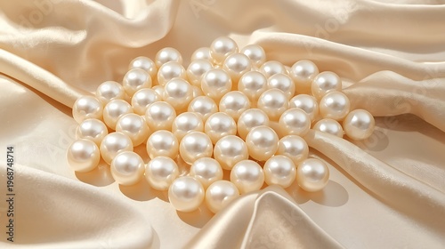 AI Generative Elegant Collection of Lustrous Pearl Beads on Silk Fabric for Luxurious Jewelry