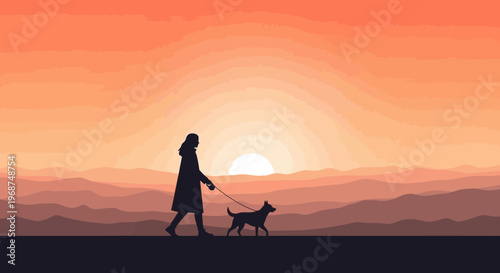 Serene Sunset Silhouette Of Person Walking Dog Through Layered Landscape
