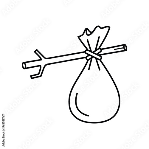 Minimalist black and white line art of a traditional bindle sack tied to a wooden stick, symbolizing a nomadic journey, homelessness, or a simple adventure on the road.