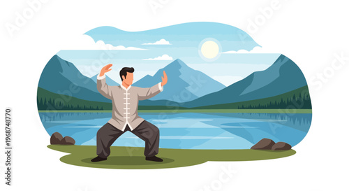 Serene Tai Chi Practice In Majestic Mountain Landscape