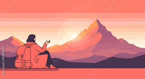 Serene Traveler Contemplating Majestic Mountain Sunset Adventure Journey