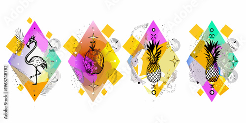 Tropical fruit and flamingo illustrations arranged within geometric diamond shapes