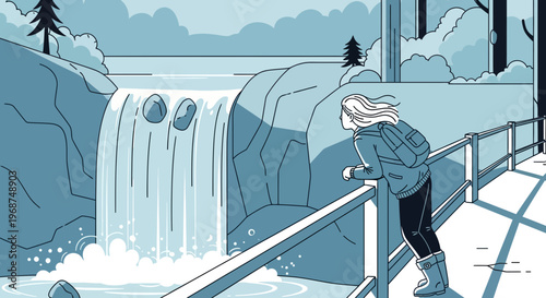 Serene Waterfall Vista With A Solitary Hiker Admiring Nature's Grandeur