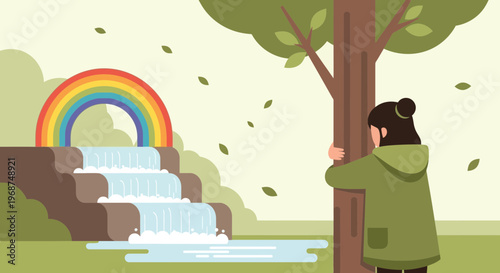 Serene Waterfall With Rainbow And Person Embracing Tree