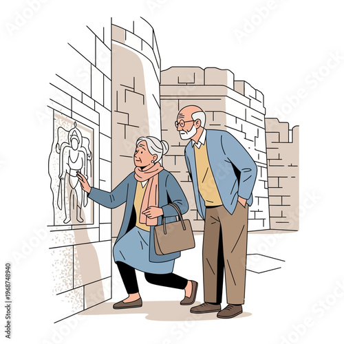 Senior Couple Exploring Ancient Carvings On Historic Stone Wall Architecture