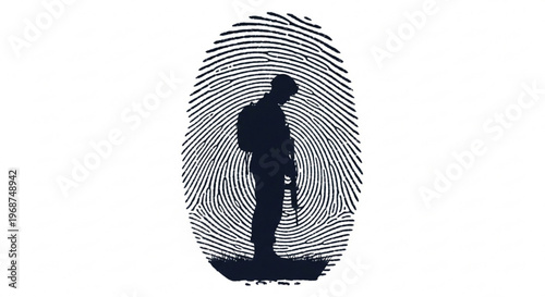 A minimalist vector graphic illustration of a silhouette of a man with a backpack standing inside a fingerprint