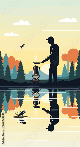Serene Wilderness Morning Outdoor Cooking And Fishing Adventure Reflection