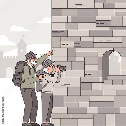 Senior Couple Exploring Ancient Stone Architecture With Camera And Backpacks
