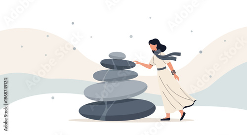 Serene Woman Balances Stones Symbolizing Inner Peace and Harmony