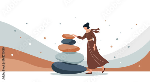Serene Woman Arranging Balanced Stones for Mindfulness and Harmony