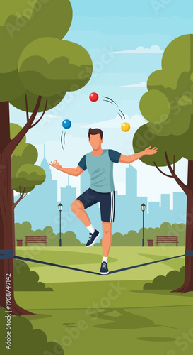Skillful Performer Juggling While Balancing on Slackline in City Park