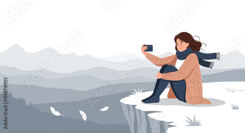 Serene Mountain Vista Selfie With Cozy Winter Attire Captures Moment