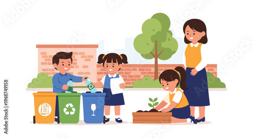 Flat style vector illustration of children learning recycling and environmental care in classroom, sustainability education and eco-friendly awareness concept