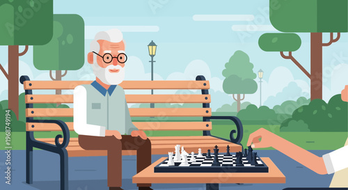 Senior Man Playing Chess On A Park Bench A Leisurely Activity