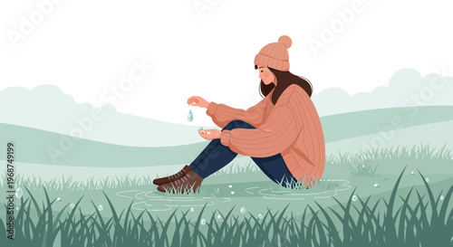 Serene Woman Contemplating Nature And Water Droplets