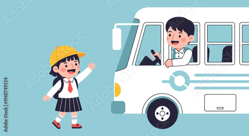 Smiling Child Waves To Bus Driver Ready For School Journey
