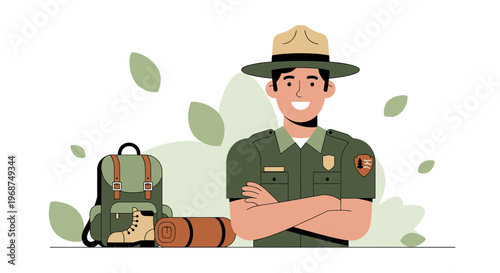 Smiling Park Ranger With Backpack And Camping Gear Ready For Adventure