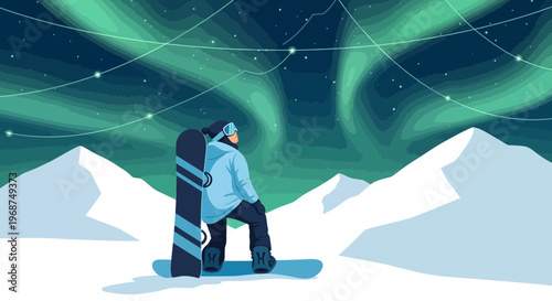 Snowboarder Gazes At The Mesmerizing Aurora Borealis In Snowy Mountains